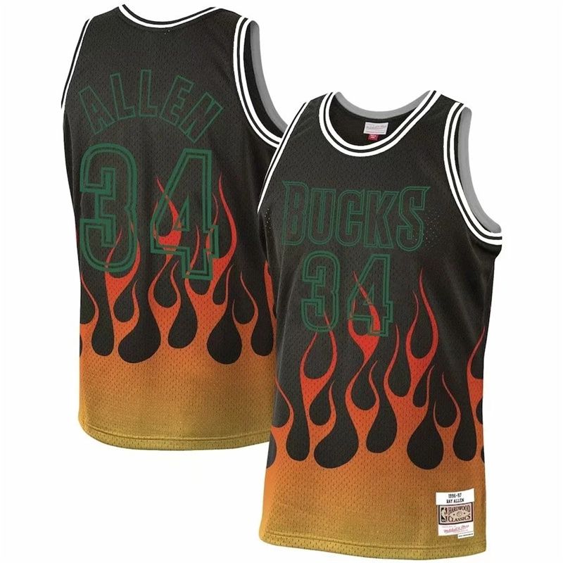 Men Milwaukee Bucks 34 Allen Black Flame retro NBA Jersey